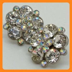 Vintage 1990s Swarovski Crystal AB Cluster Stud Earrings Silver Tone Flower NOS